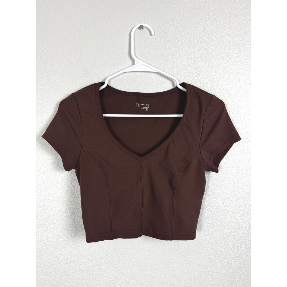OFFLINE by Aerie Crop Top Womens S Brown Ribbed V-Neck Built-in Bra Short Sleeve
